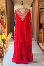Red Georgette Bandhej Cutdana Worked Sharara Set