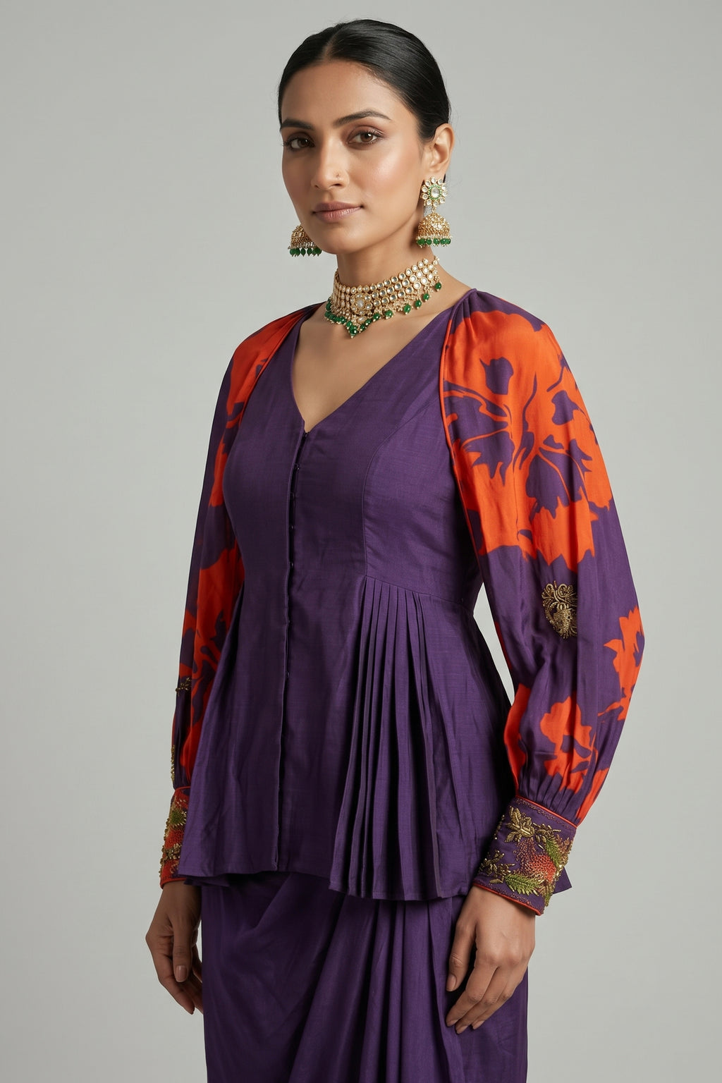 Purple Raw Silk Peplum Top with Draped Skirt and Printed Jacket