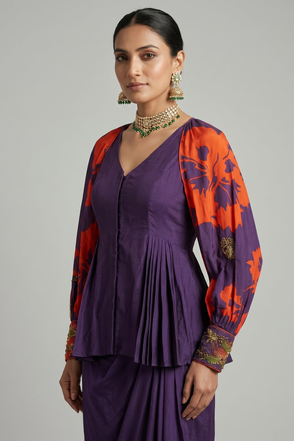 Purple Raw Silk Peplum Top with Draped Skirt and Printed Jacket