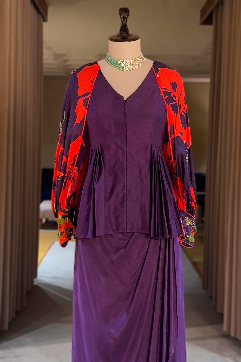 Purple Raw Silk Peplum Top with Draped Skirt and Printed Jacket
