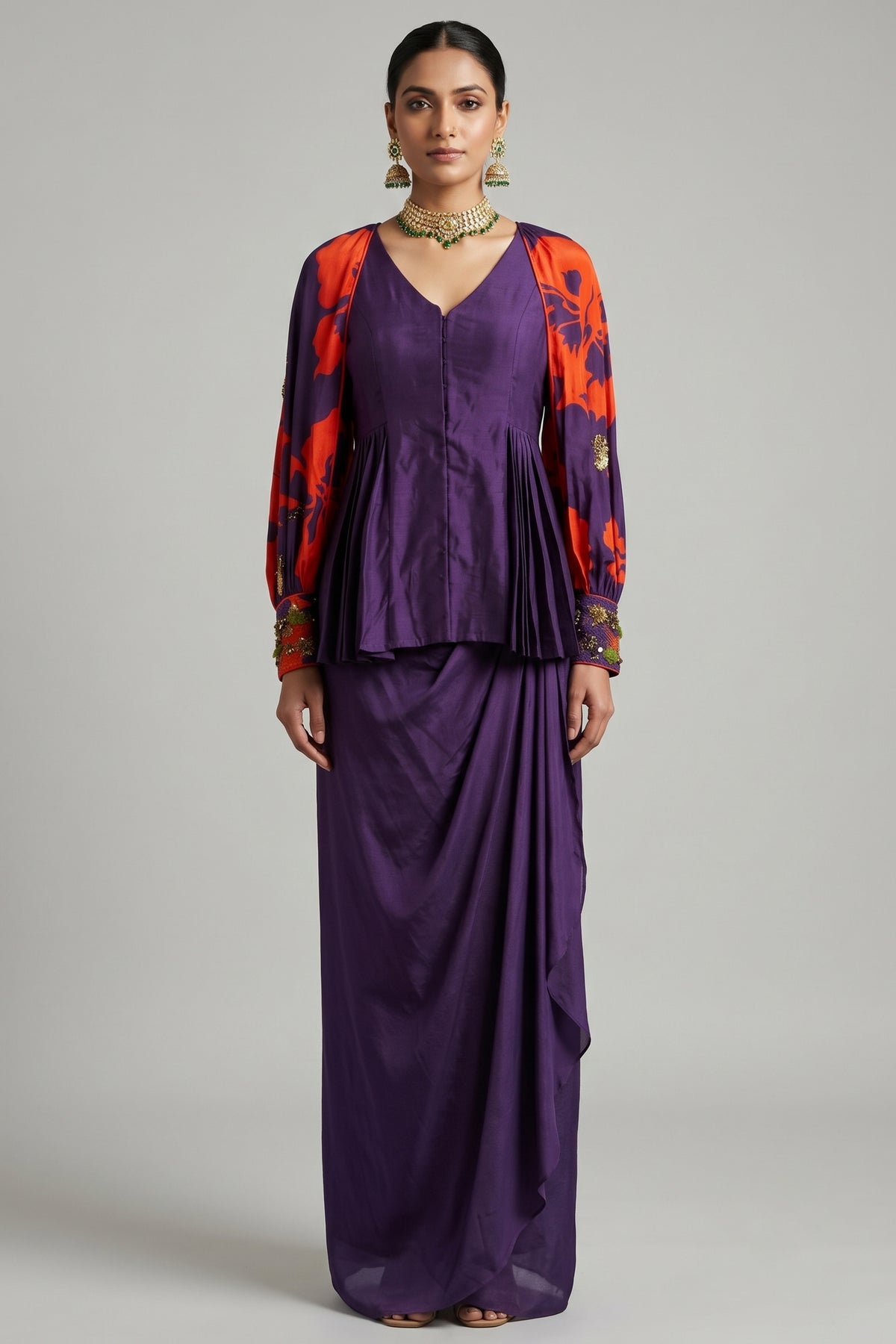 Purple Raw Silk Peplum Top with Draped Skirt and Printed Jacket