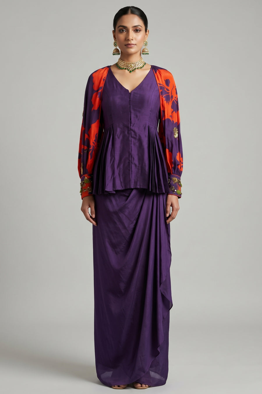 Purple Raw Silk Peplum Top with Draped Skirt and Printed Jacket