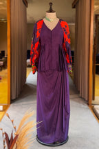 Purple Raw Silk Peplum Top with Draped Skirt and Printed Jacket