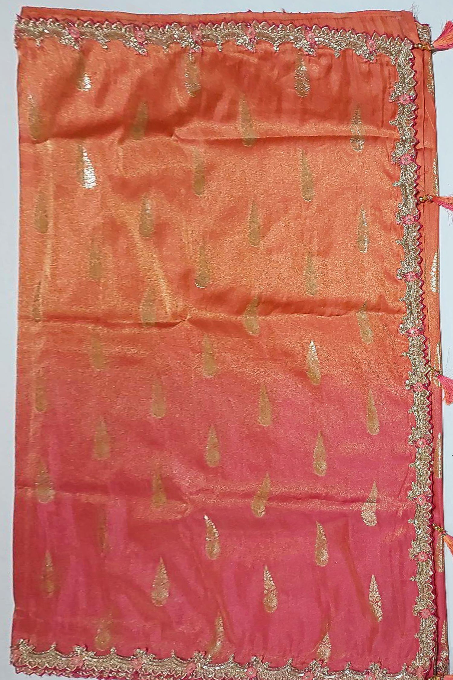 Sunset Dual-Tone Pink & Orange Zari Silk Saree with Red Embroidered Scallop Border