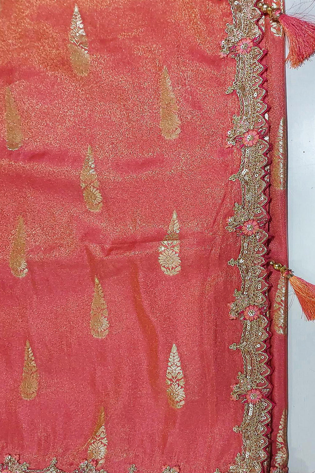 Sunset Dual-Tone Pink & Orange Zari Silk Saree with Red Embroidered Scallop Border