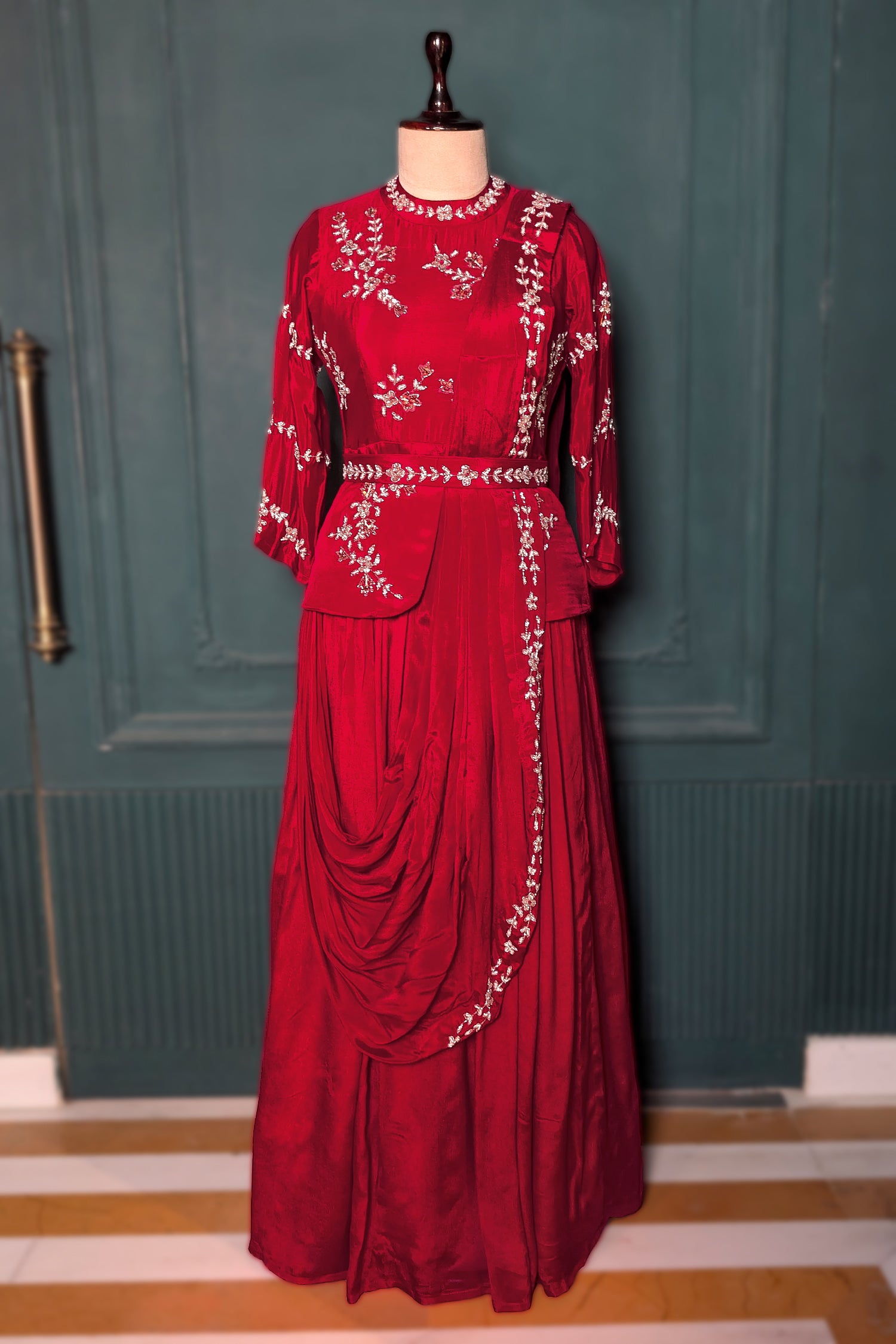 red embroidered dress