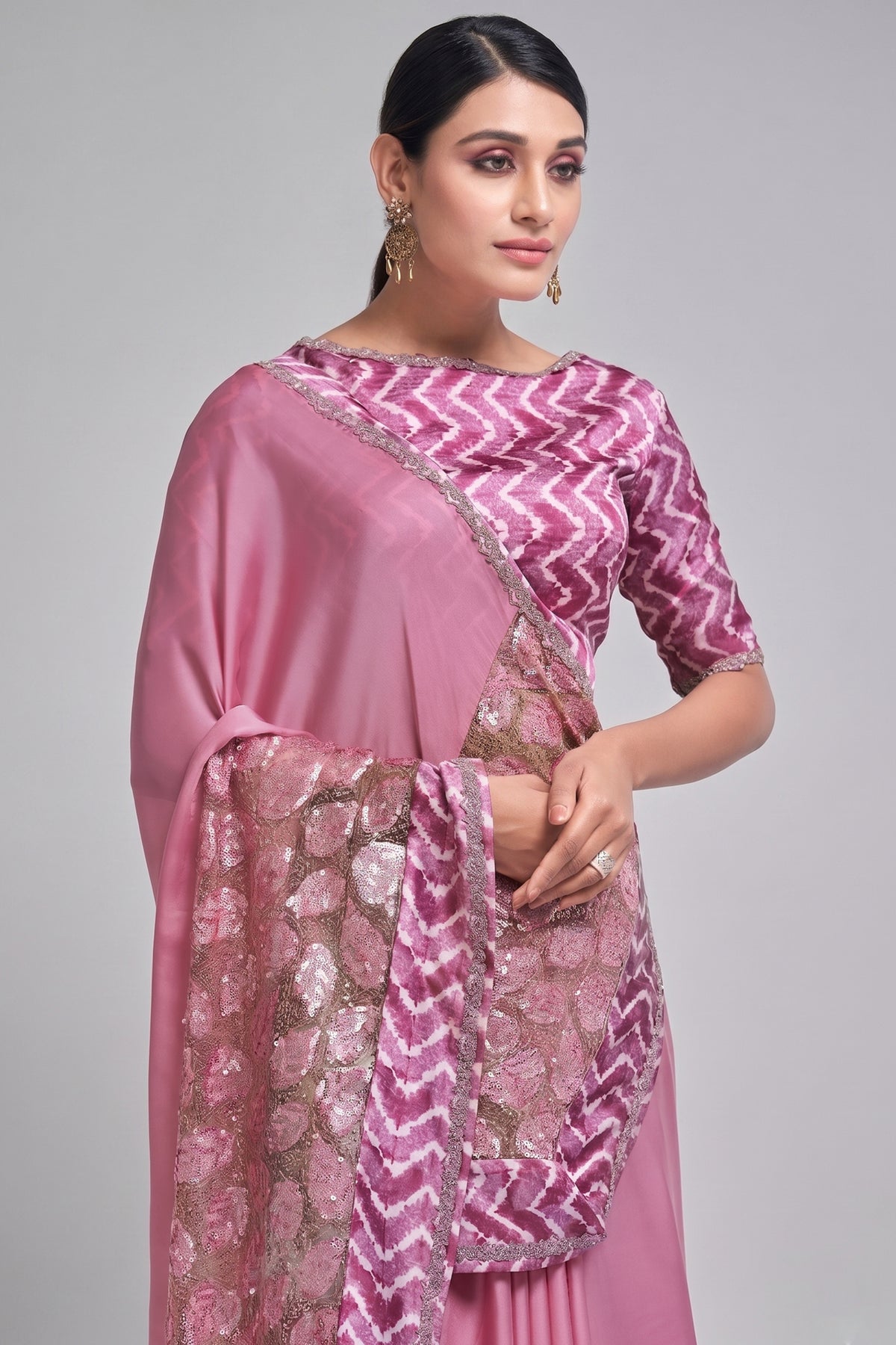 Pink Crepe Georgette Saree with Sequins Work On Border - pink georgette saree