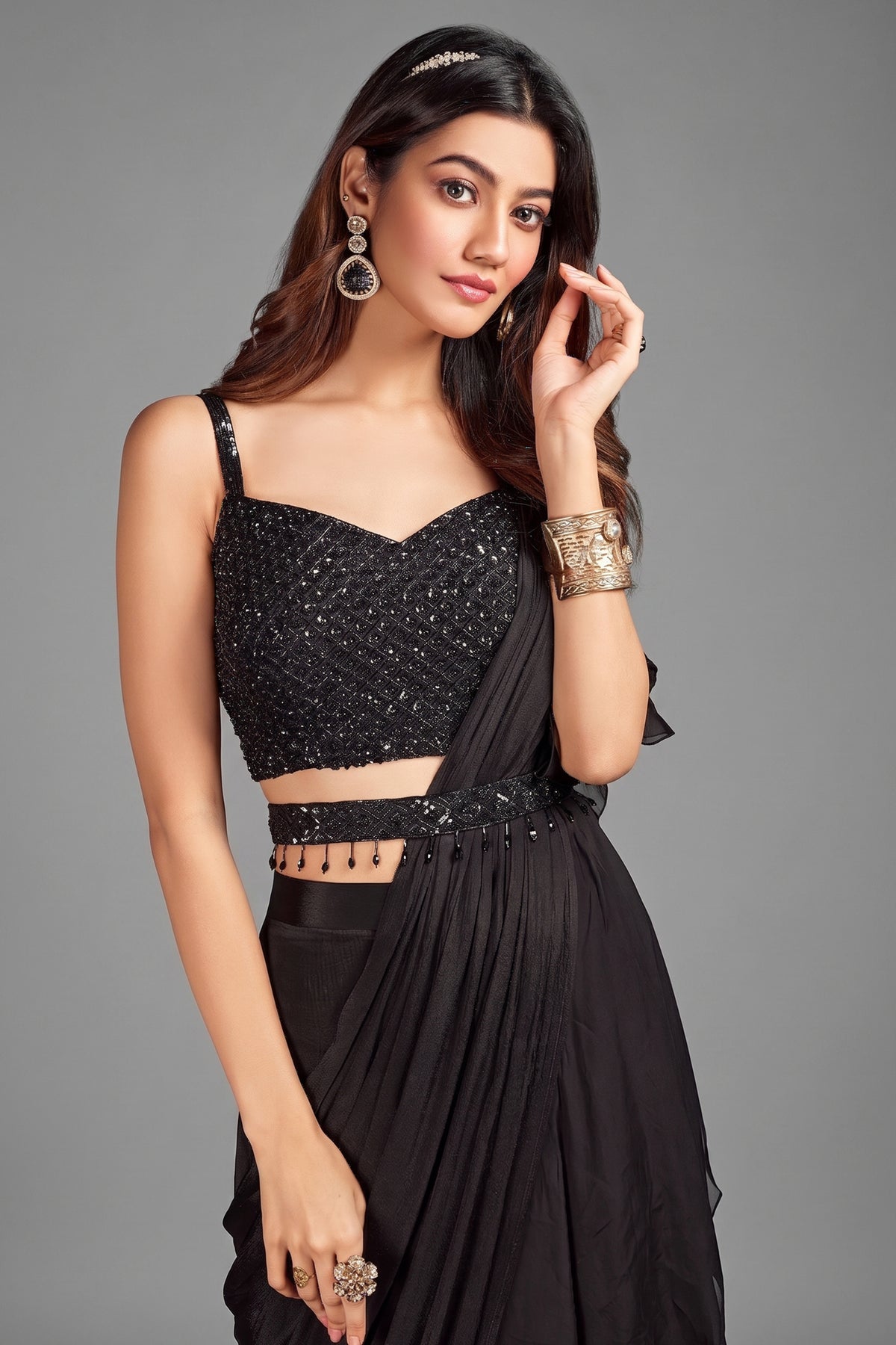 Black Embellished Pre Stitched Ruffled Saree in Chiffon Georgette with Cutdana and Sequins Work Blouse - black chiffon saree
