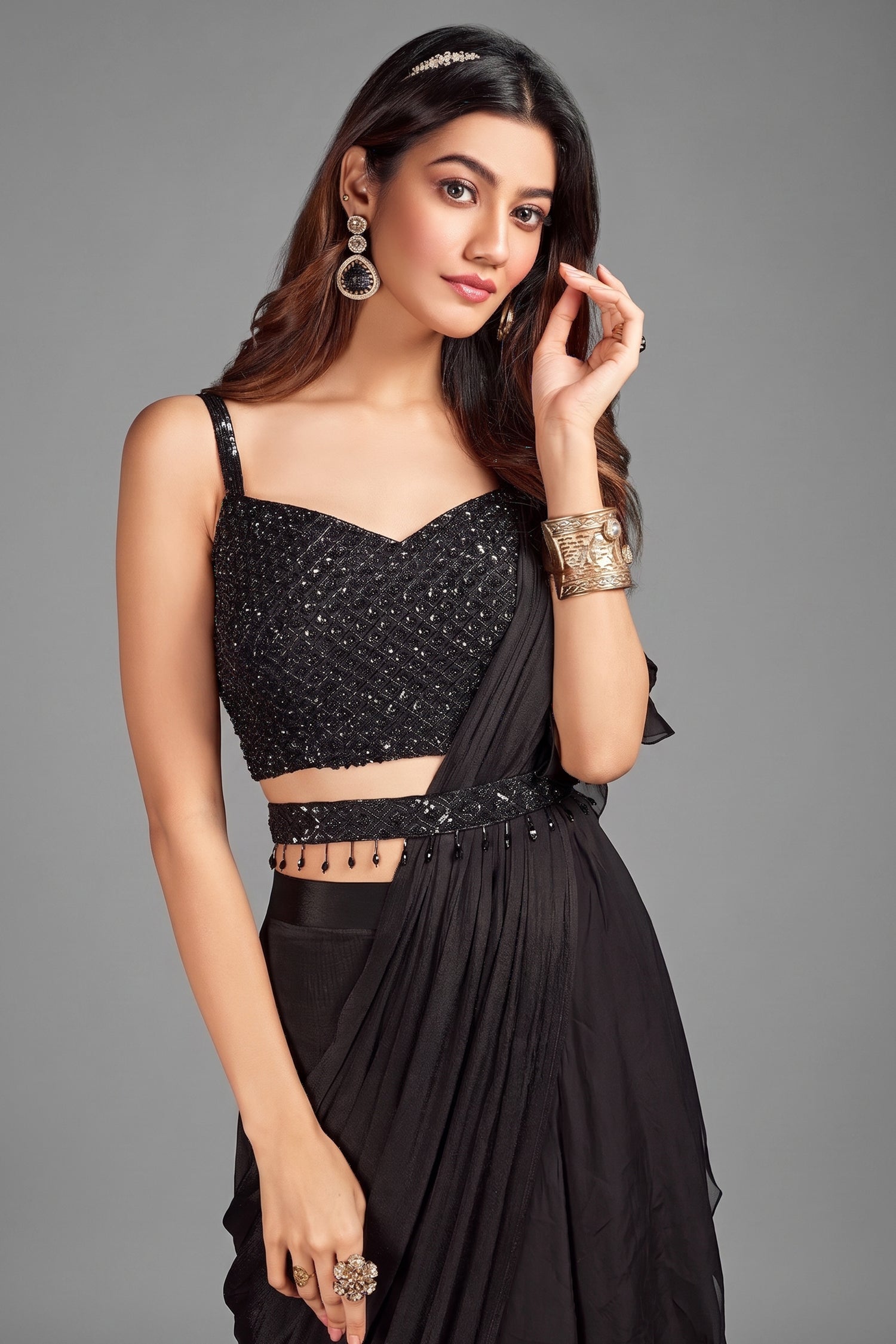 Black Embellished Pre Stitched Ruffled Saree in Chiffon Georgette with Cutdana and Sequins Work Blouse - black chiffon saree
