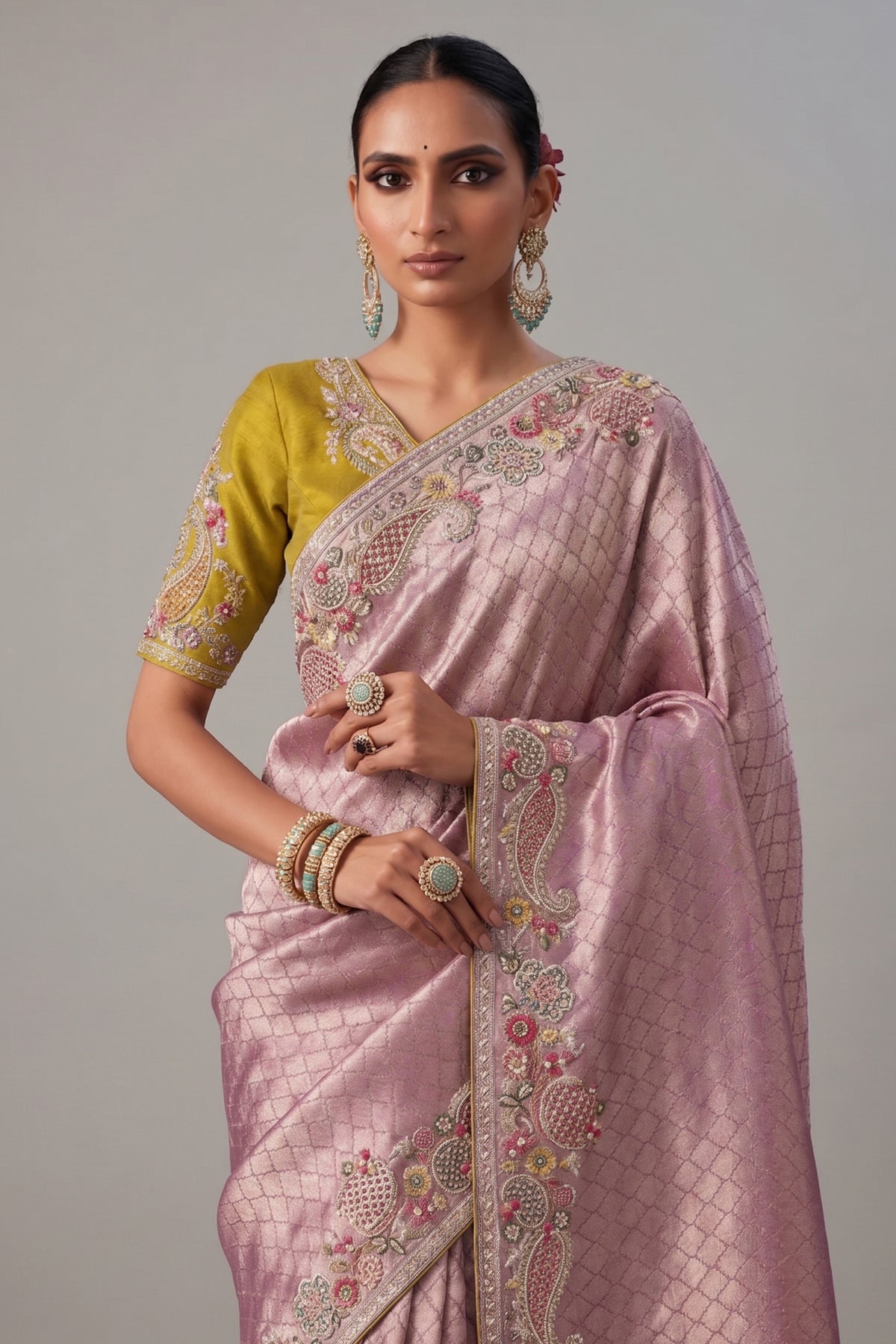 Dusty Pink Moroccan Jaal Woven Saree in Banarasi Kanchipuram Silk with Embroidery Butti Work On Border - pink silk saree embr