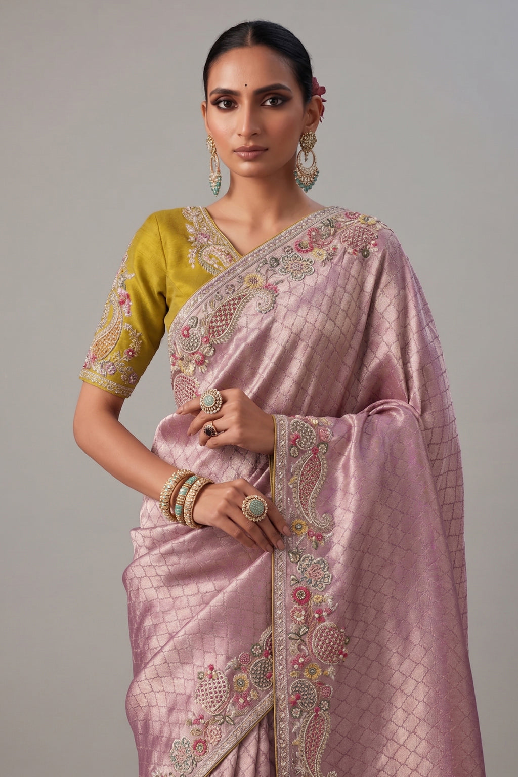Dusty Pink Moroccan Jaal Woven Saree in Banarasi Kanchipuram Silk with Embroidery Butti Work On Border - pink silk saree embr