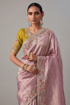 Dusty Pink Moroccan Jaal Woven Saree in Banarasi Kanchipuram Silk with Embroidery Butti Work On Border - pink silk saree embr