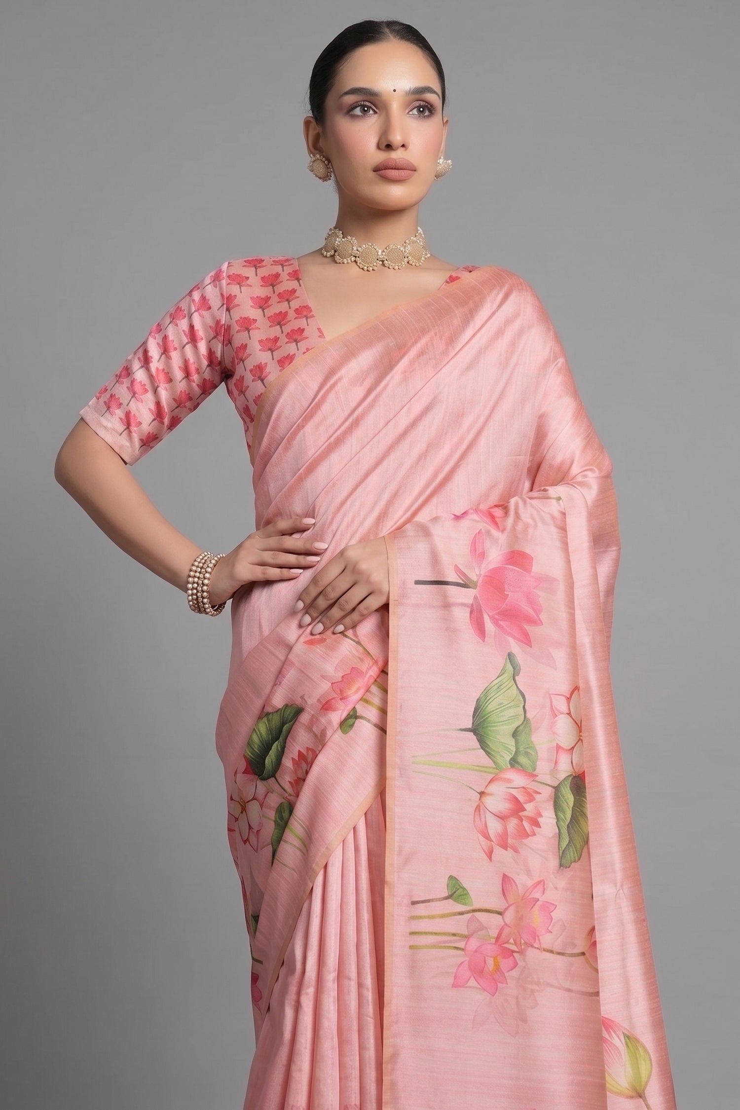 Tussar Silk Digital Floral Printed Saree - silk saree