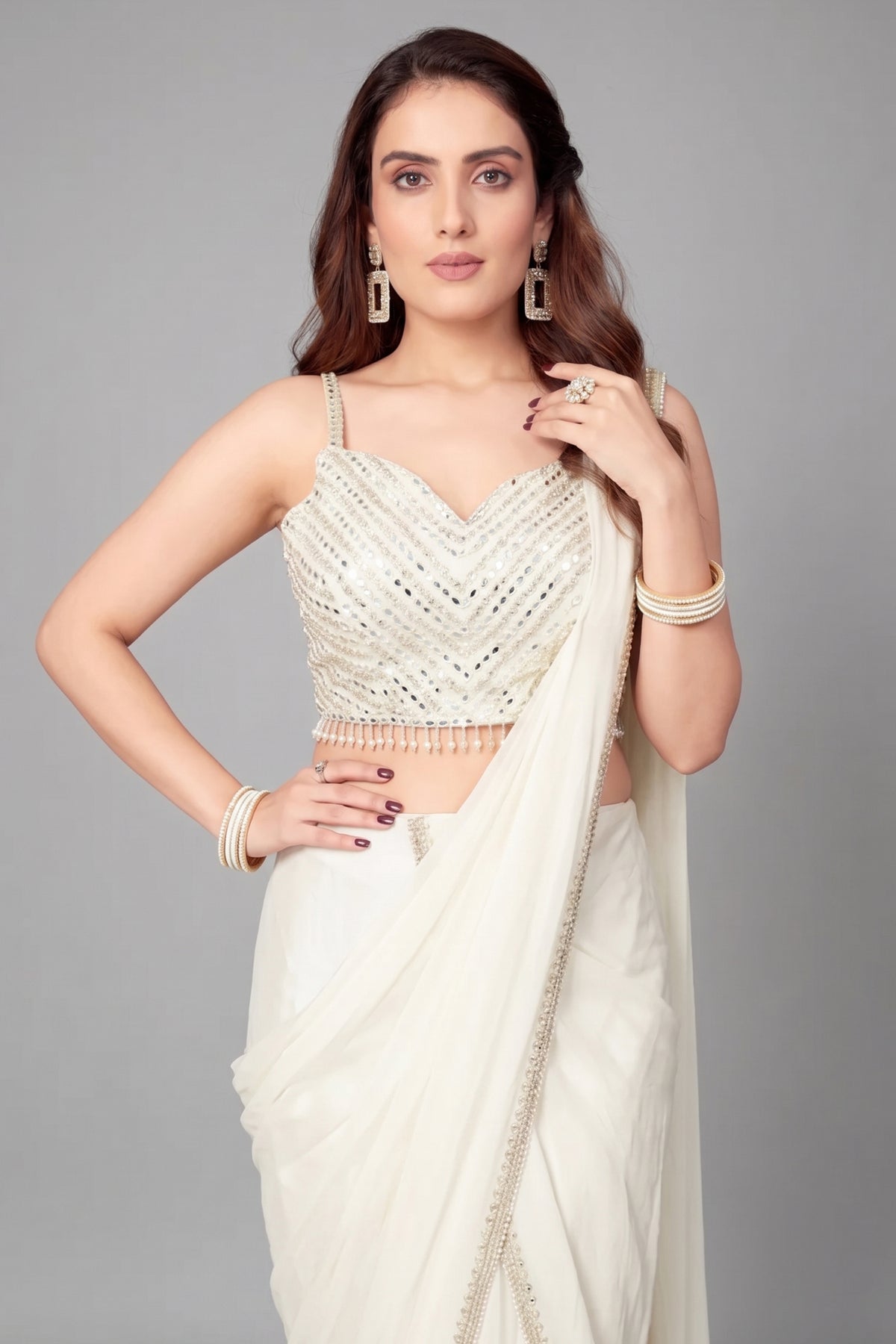 Off White Chinon Silk Readymade Lehenga Saree with Lace Work - white silk saree