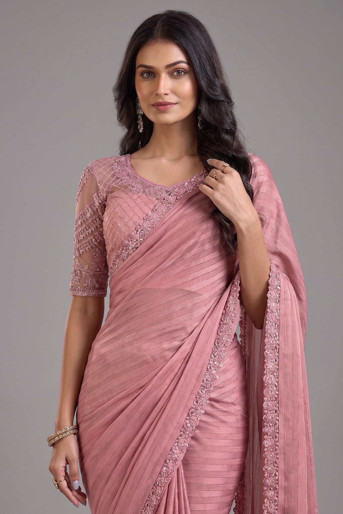 Light Pink Georgette Silk Saree with Lace Work - pink silk saree