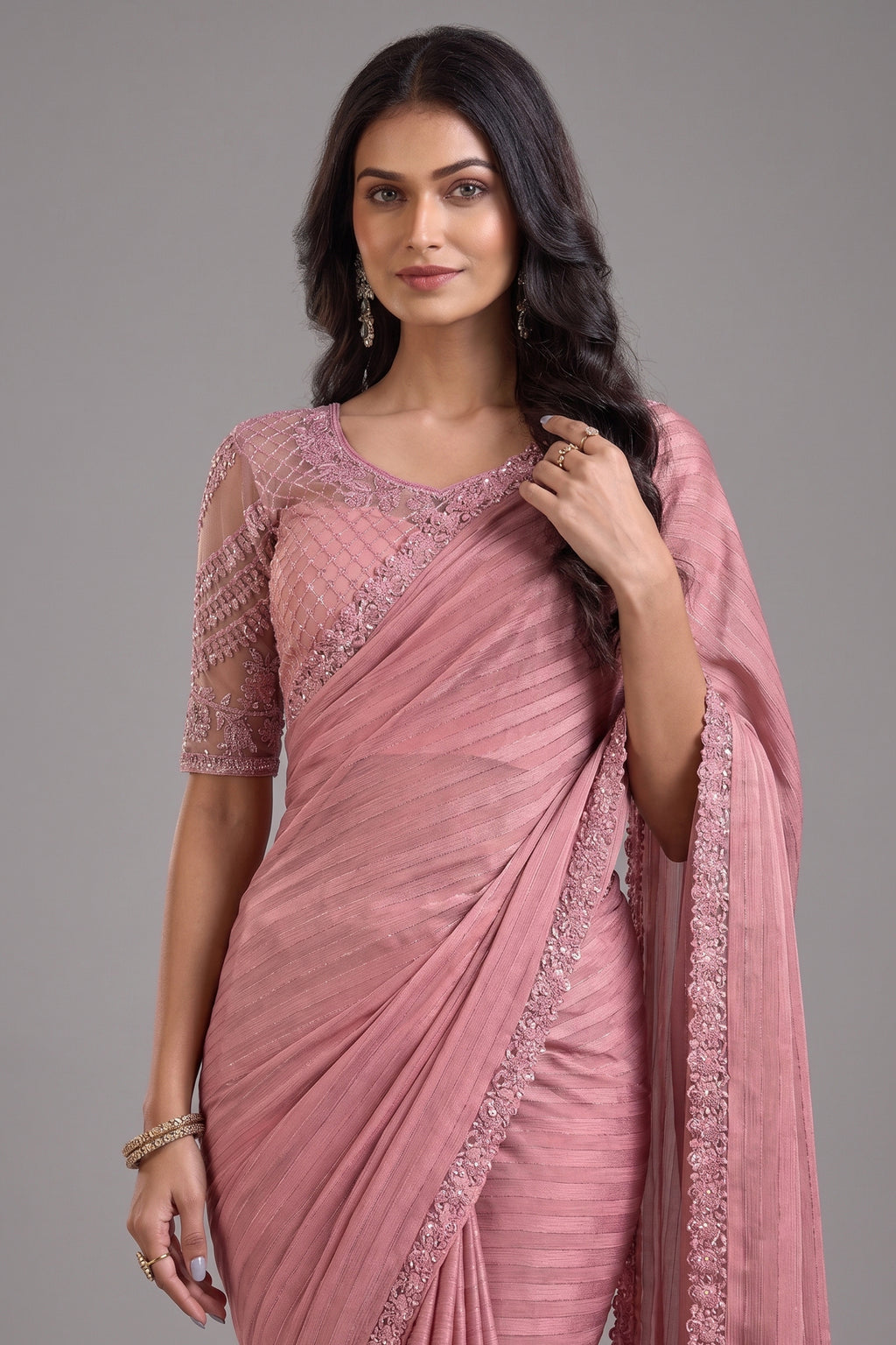 Light Pink Georgette Silk Saree with Lace Work - pink silk saree