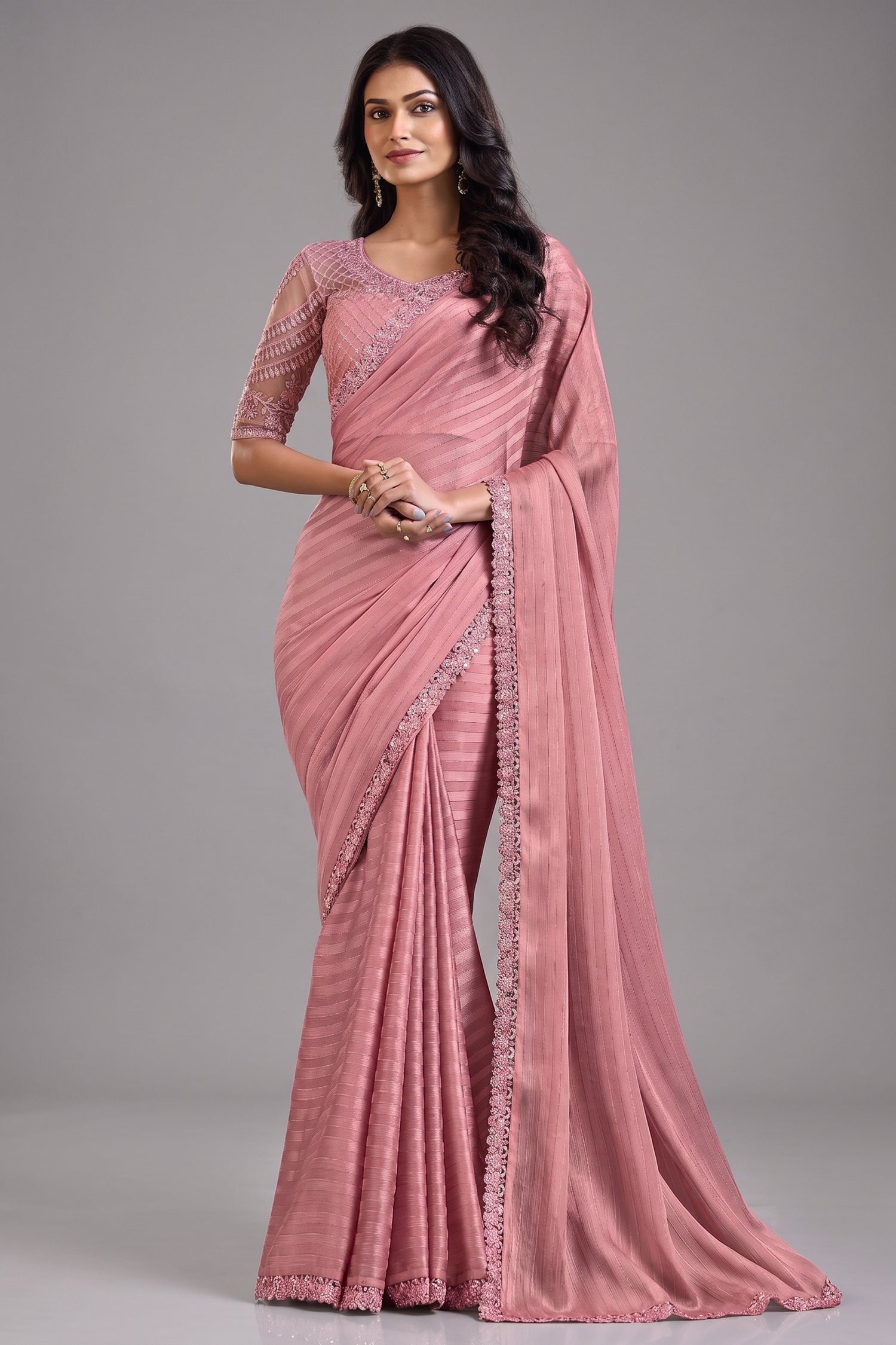 Light Pink Georgette Silk Saree with Lace Work - pink silk saree