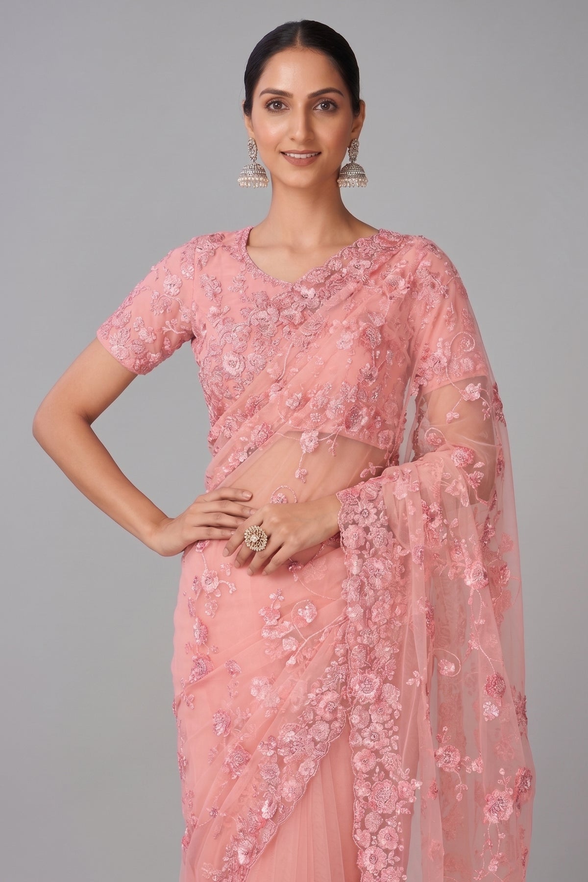 Peach All Over Sequinned Net Saree - peach net saree