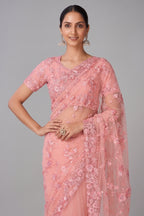 Peach All Over Sequinned Net Saree - peach net saree