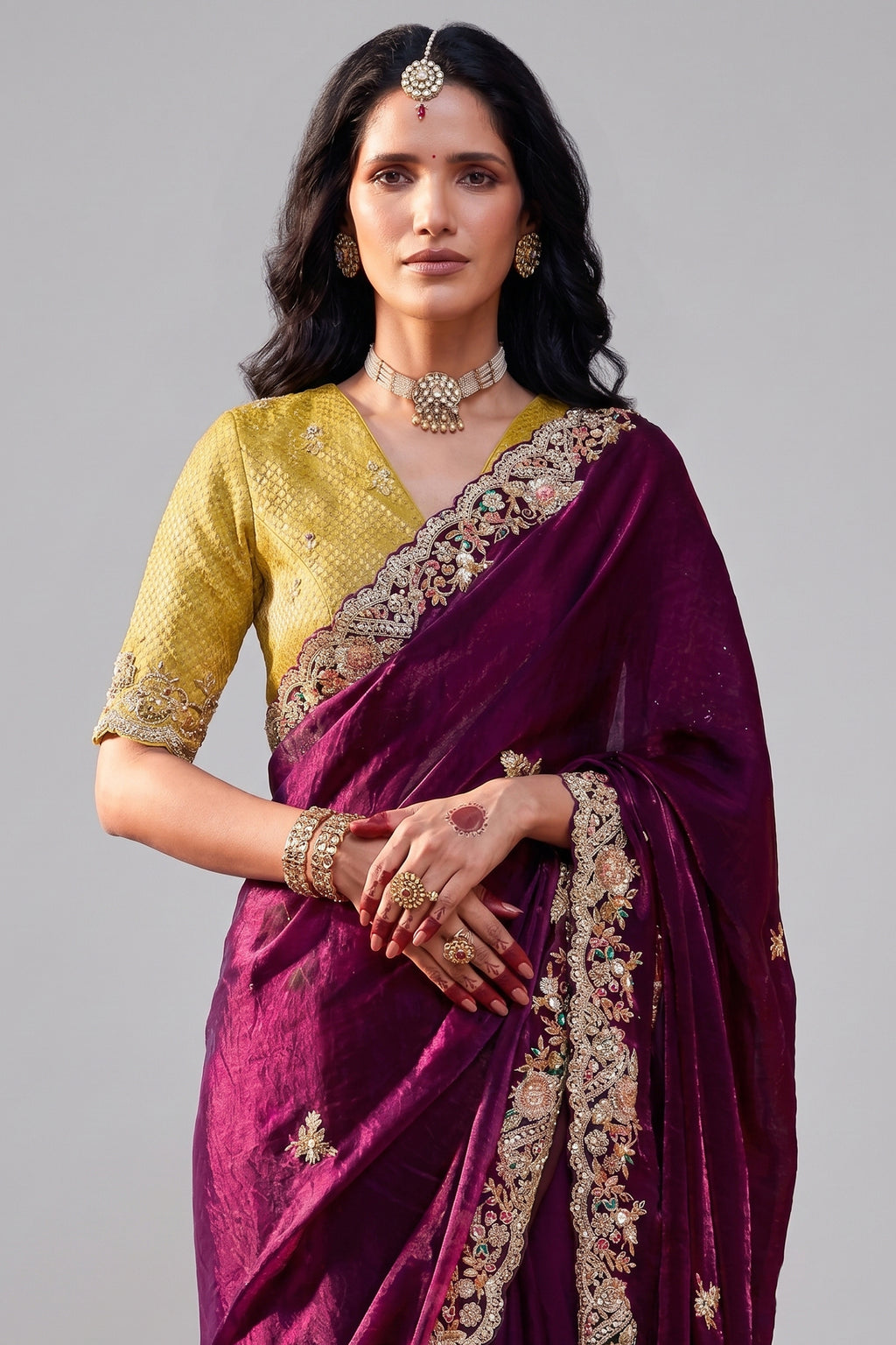 Wine Glass Tissue Organza Saree with Sequin Embroidery
