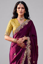 Wine Glass Tissue Organza Saree with Sequin Embroidery