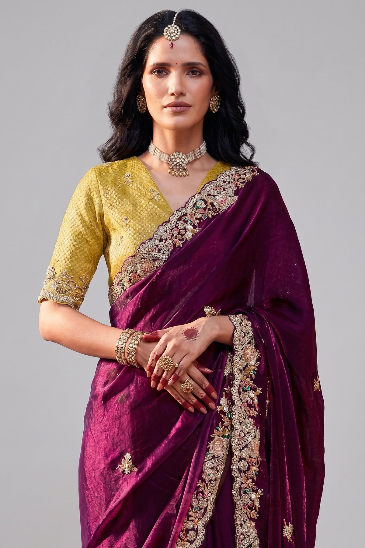 Wine Glass Tissue Organza Saree with Sequin Embroidery