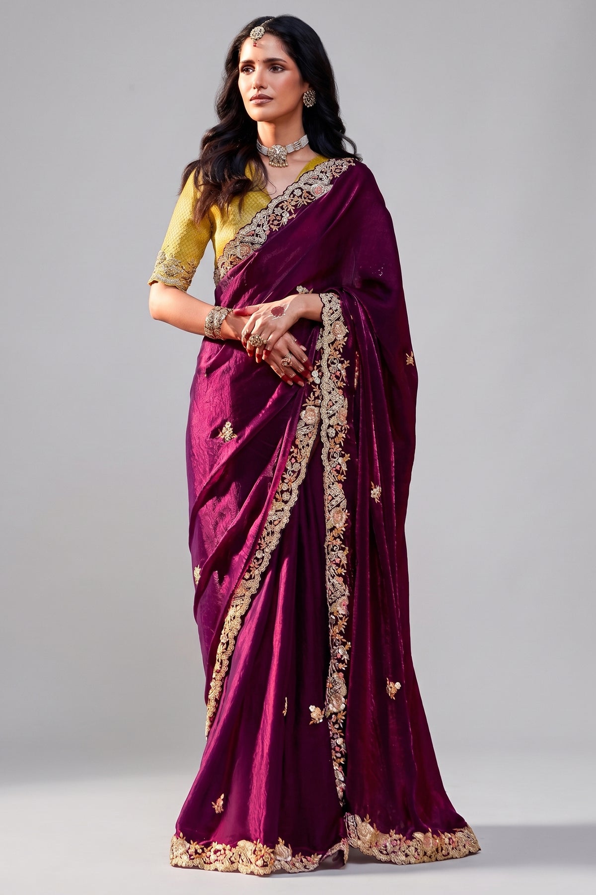 Wine Glass Tissue Organza Saree with Sequin Embroidery