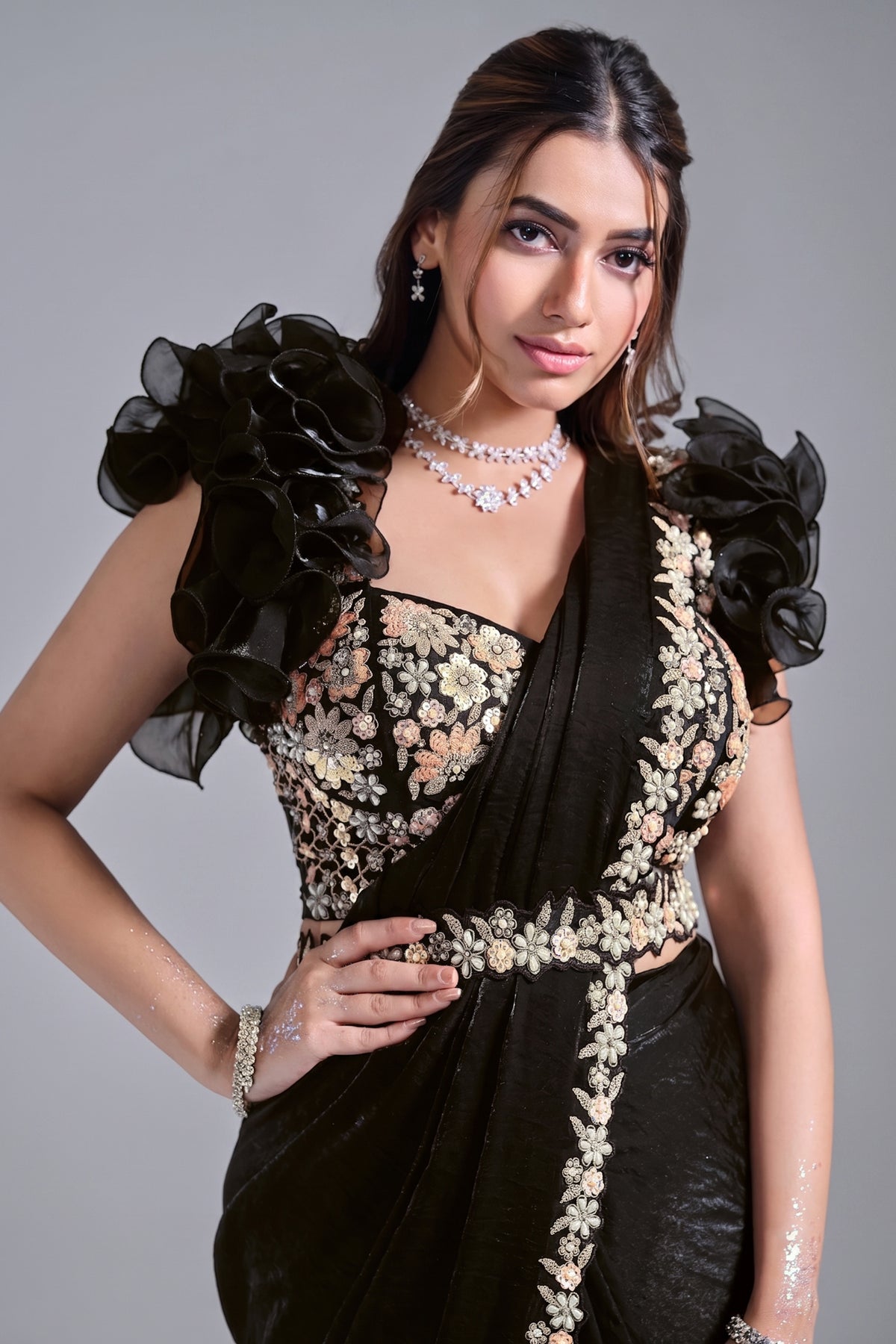 Black Two Toned Satin Silk Sequin Pearl Work Readymade Saree - black silk saree