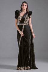 Black Two Toned Satin Silk Sequin Pearl Work Readymade Saree - black silk saree