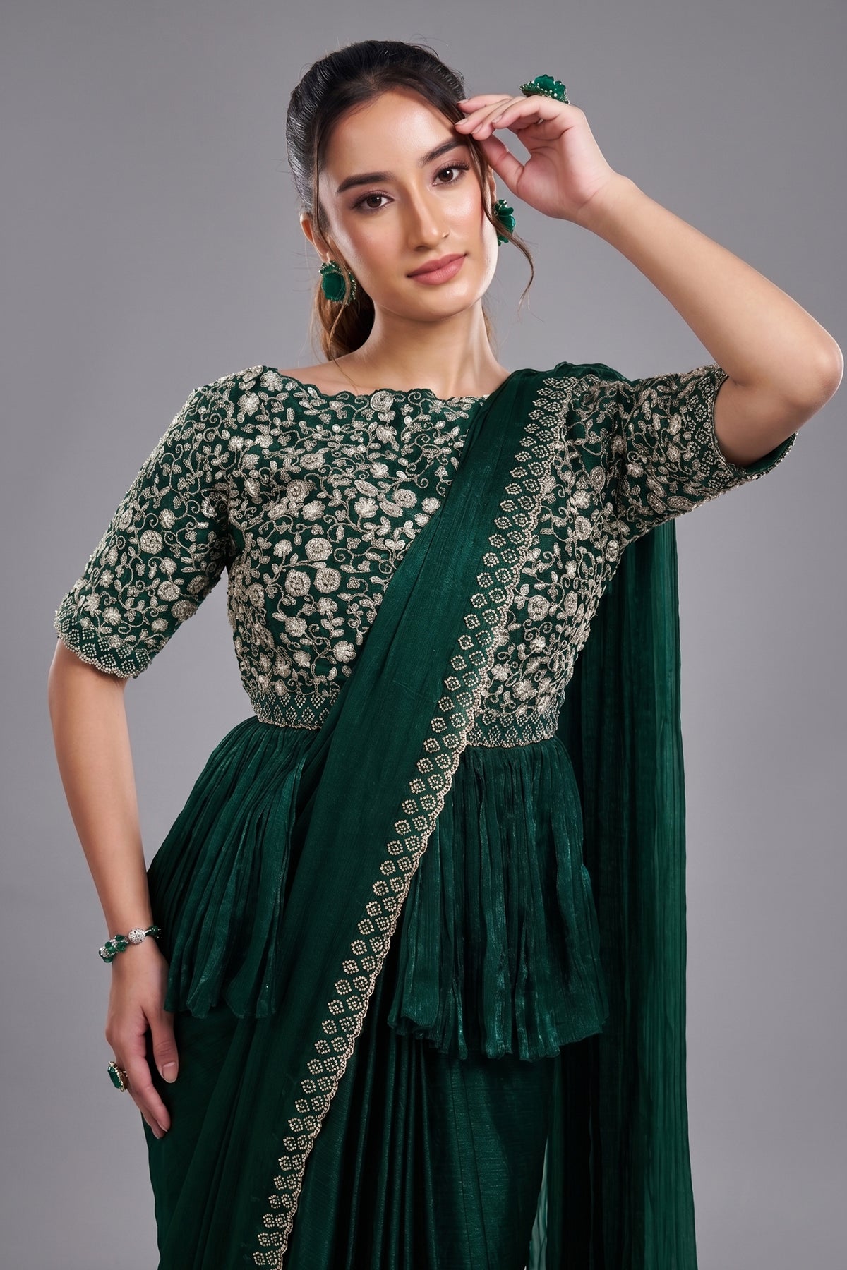 Green Shimmer Chiffon Readymade Saree with Peplum Style Blouse - green chiffon saree
