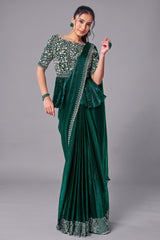 Green Shimmer Chiffon Readymade Saree with Peplum Style Blouse - green chiffon saree