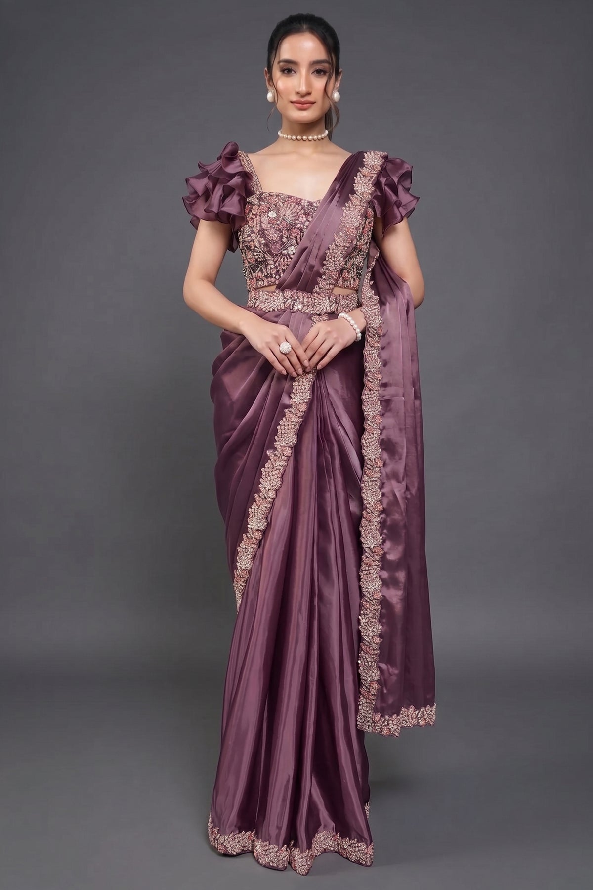 Lavender Crepe Satin Silk Readymade Saree with Beads Embroidery Lace and Pentagon Neckline Blouse - lavender silk saree embro