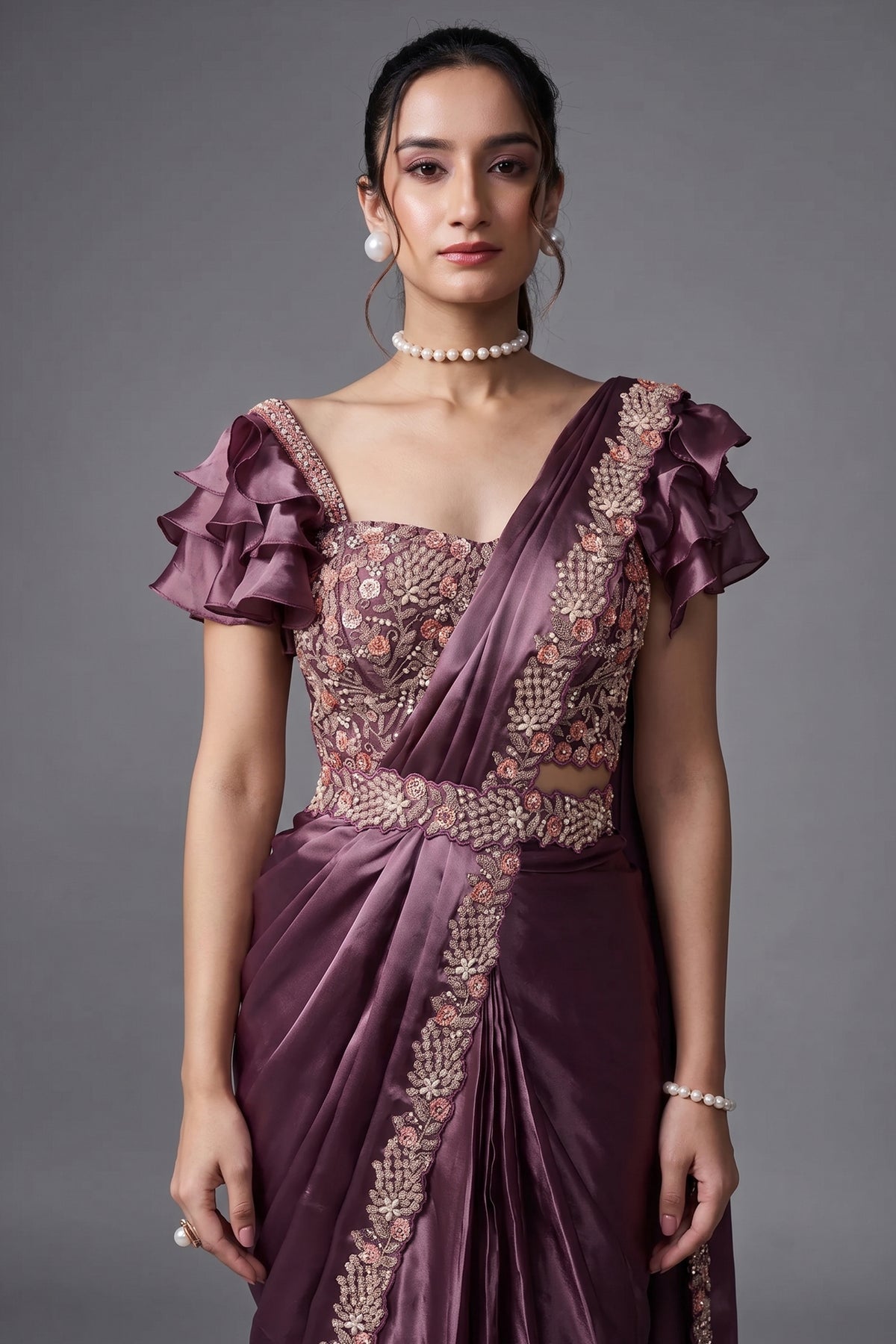 Lavender Crepe Satin Silk Readymade Saree with Beads Embroidery Lace and Pentagon Neckline Blouse - lavender silk saree embro