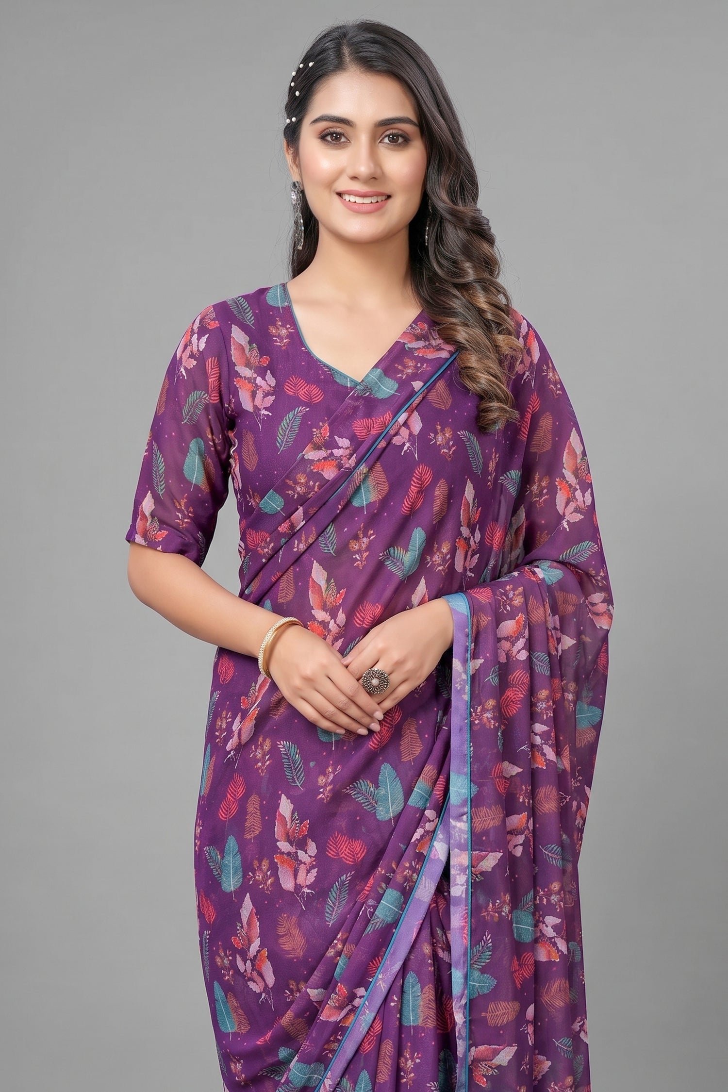 Georgette Printed Readymade Gown Style Saree - georgette saree