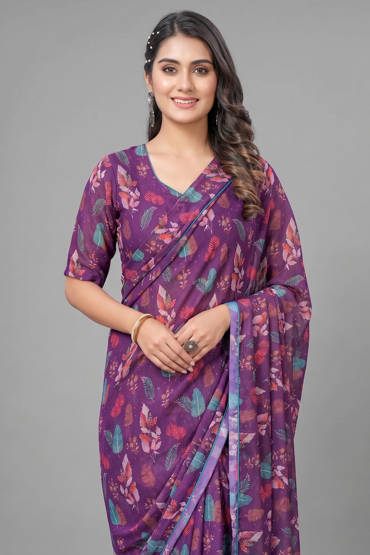 Georgette Printed Readymade Gown Style Saree - georgette saree