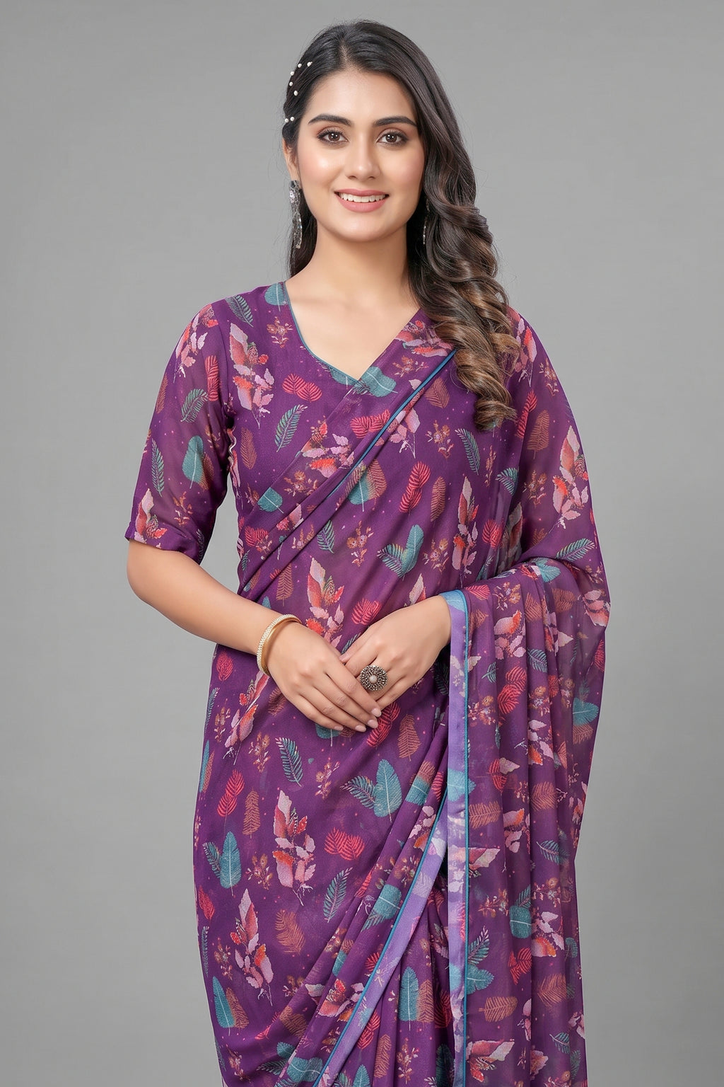 Georgette Printed Readymade Gown Style Saree - georgette saree