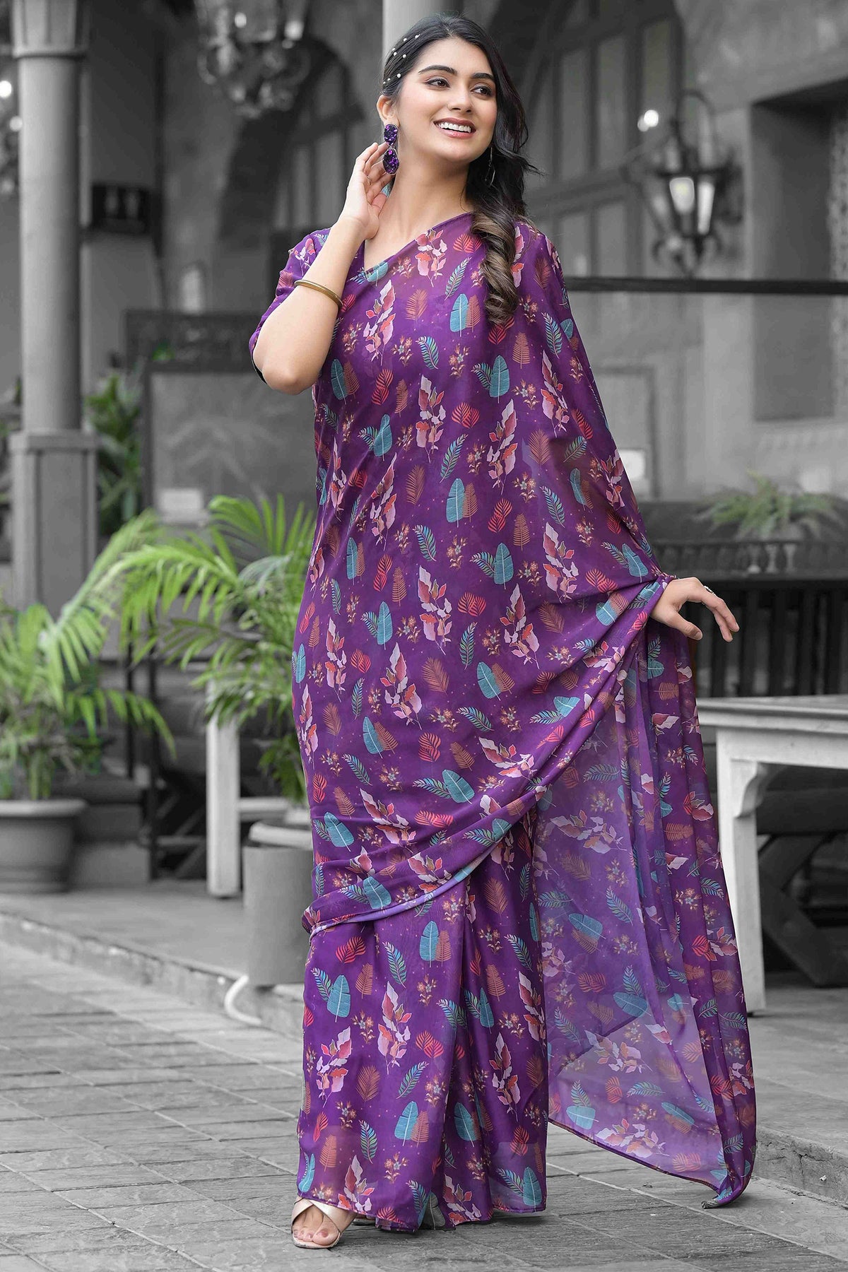 Georgette Printed Readymade Gown Style Saree - georgette saree