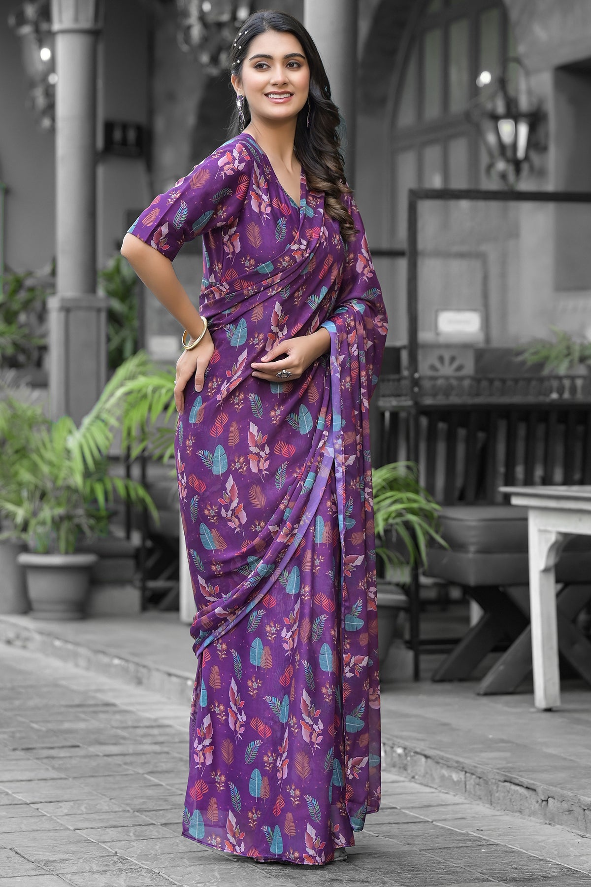 Georgette Printed Readymade Gown Style Saree - georgette saree