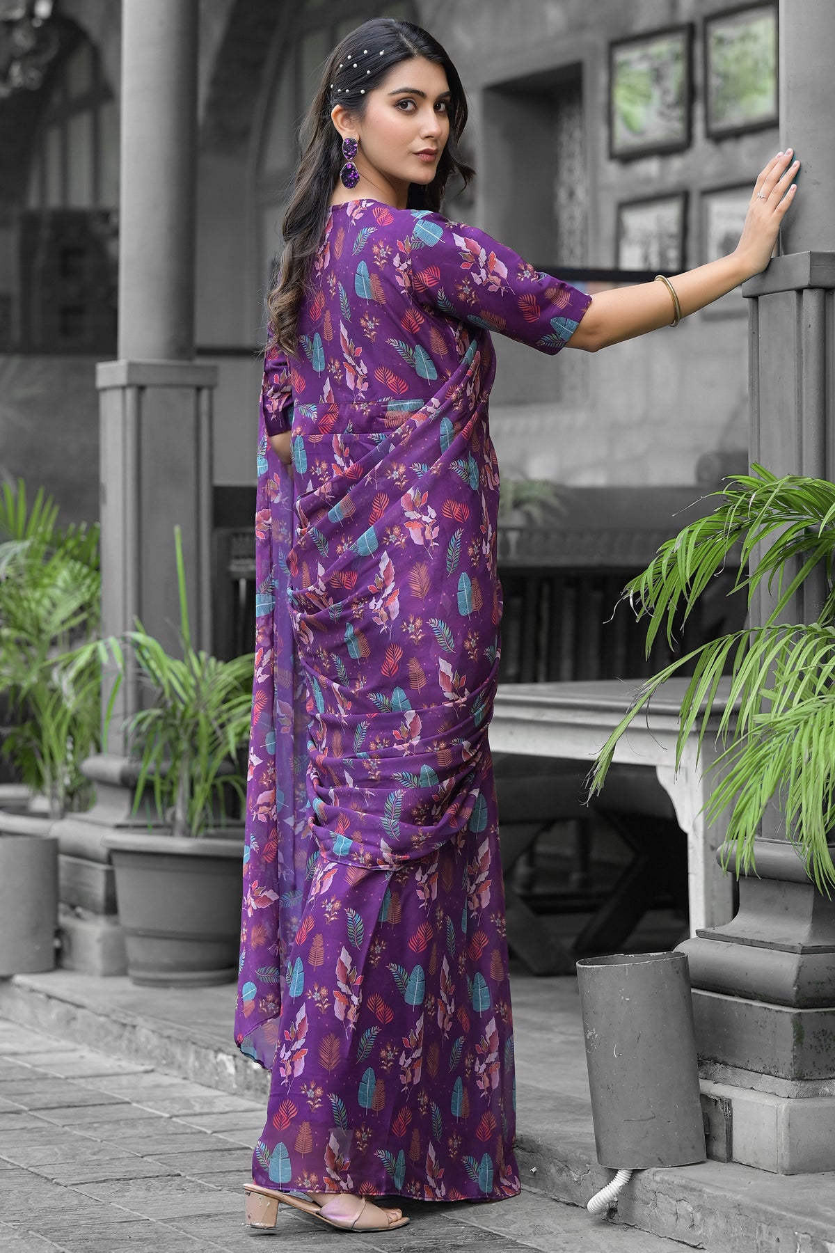 Georgette Printed Readymade Gown Style Saree - georgette saree