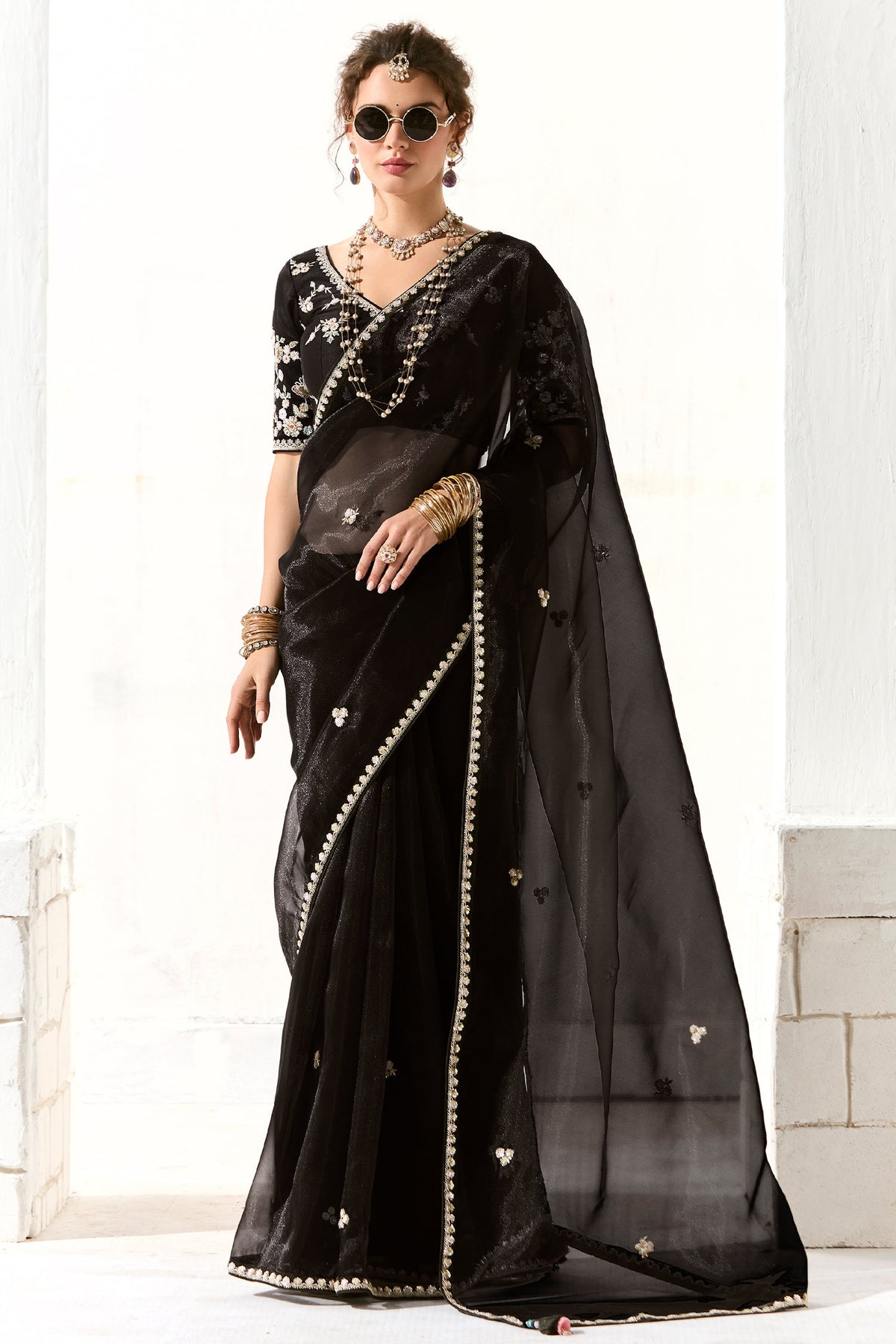 Black Organza Tissue Sequin Butti Worked Saree