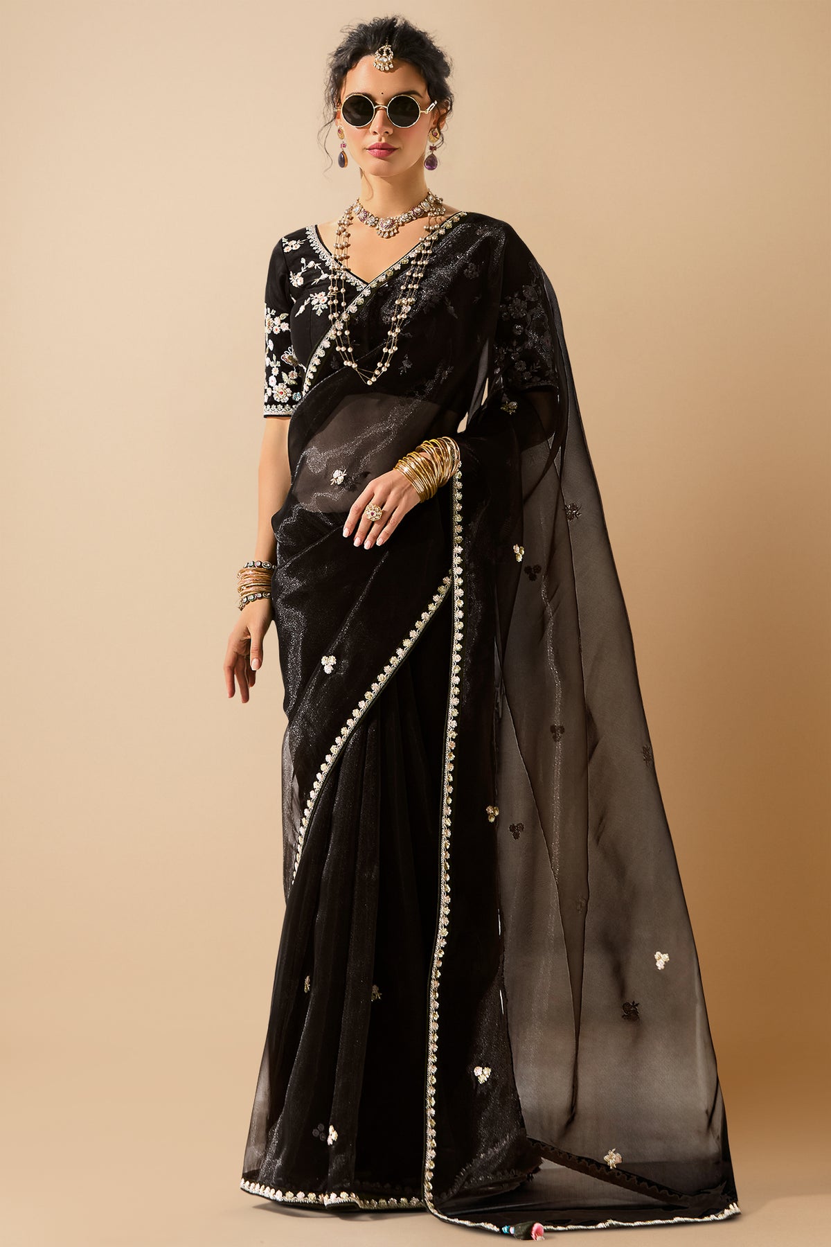 Black Organza Tissue Sequin Butti Worked Saree