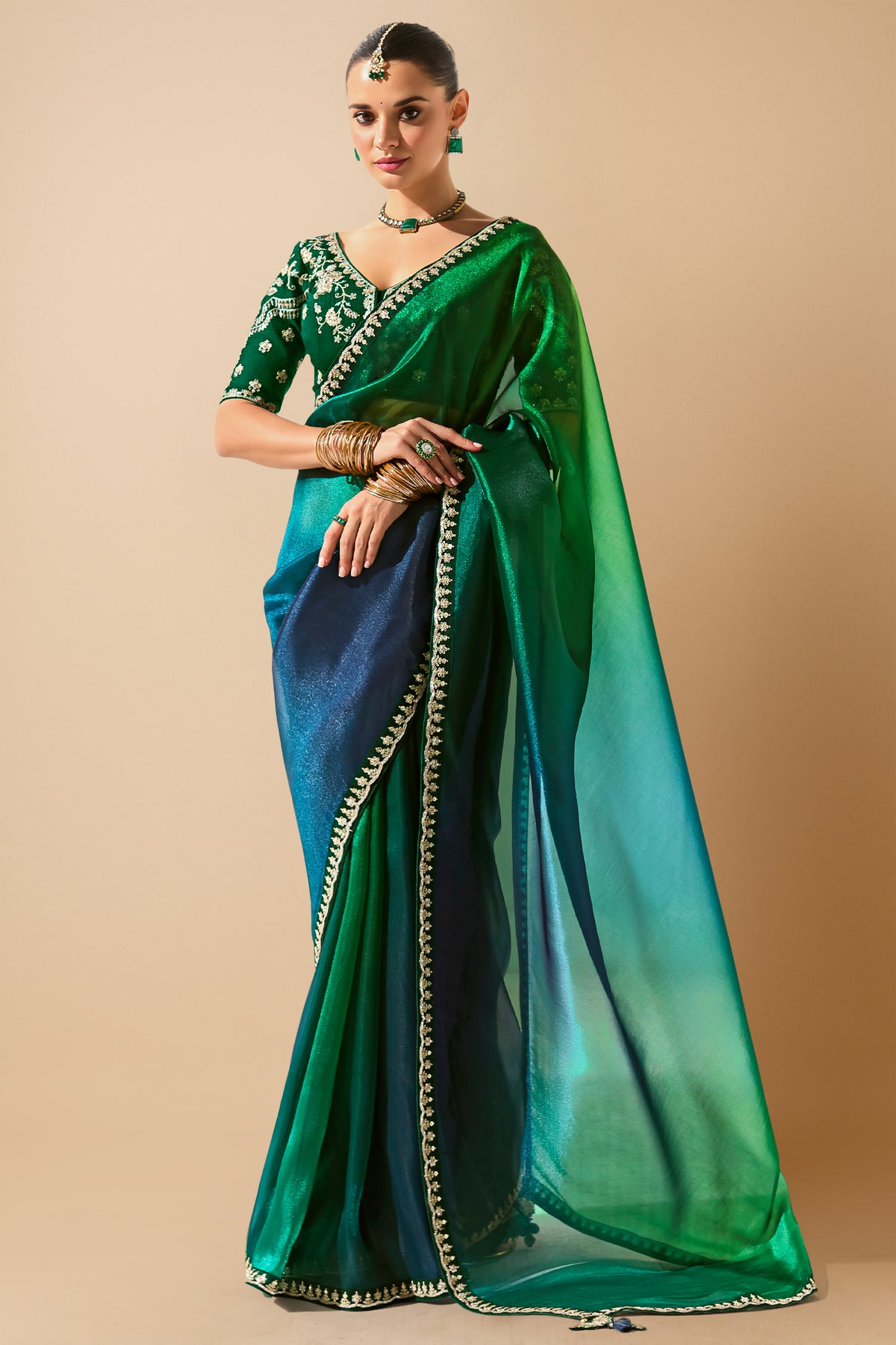 Green and Blue Ombre Saree with Lace Work