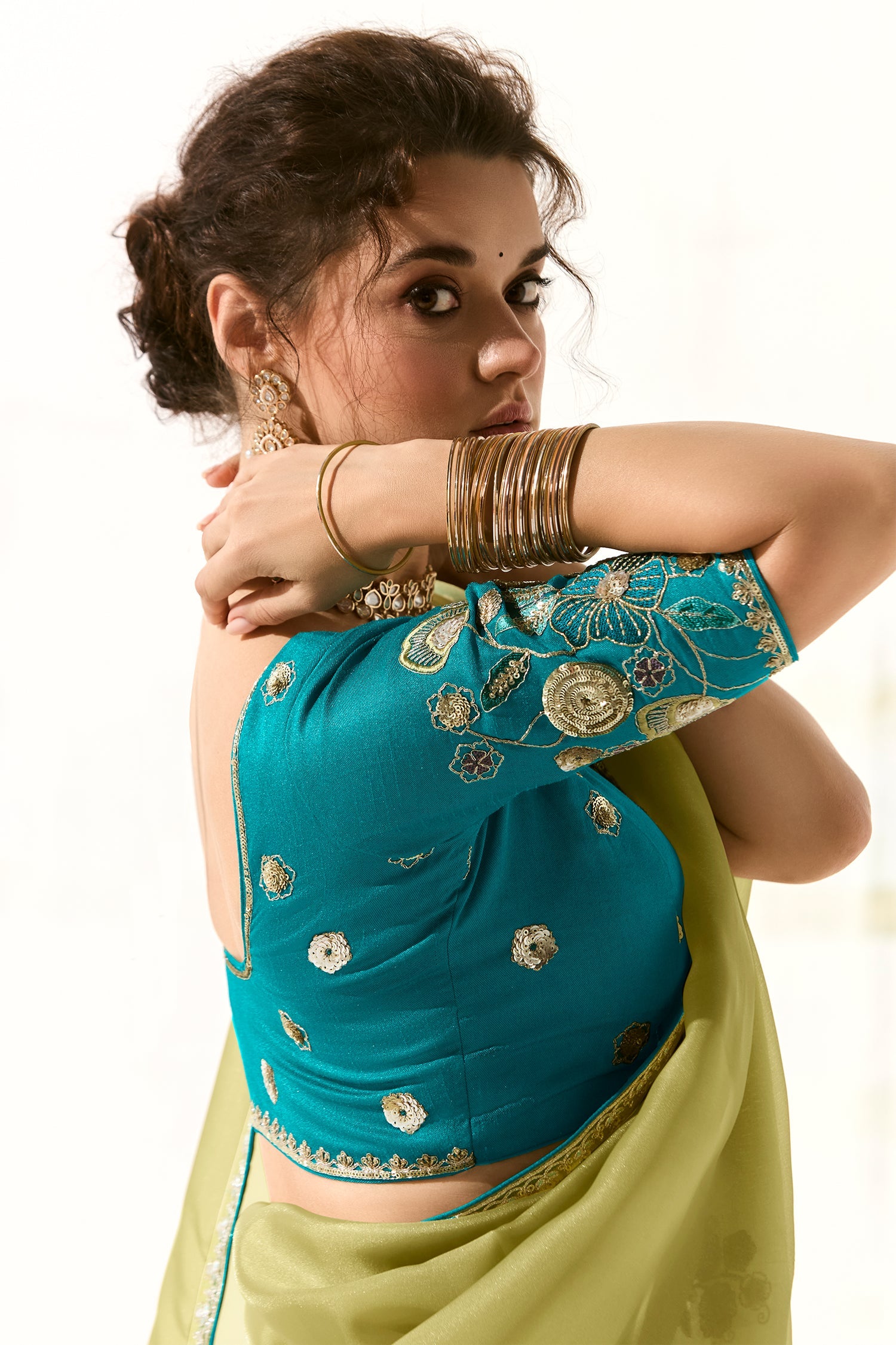 Olive Green Organza Tissue Saree with Sequin Floral Patch