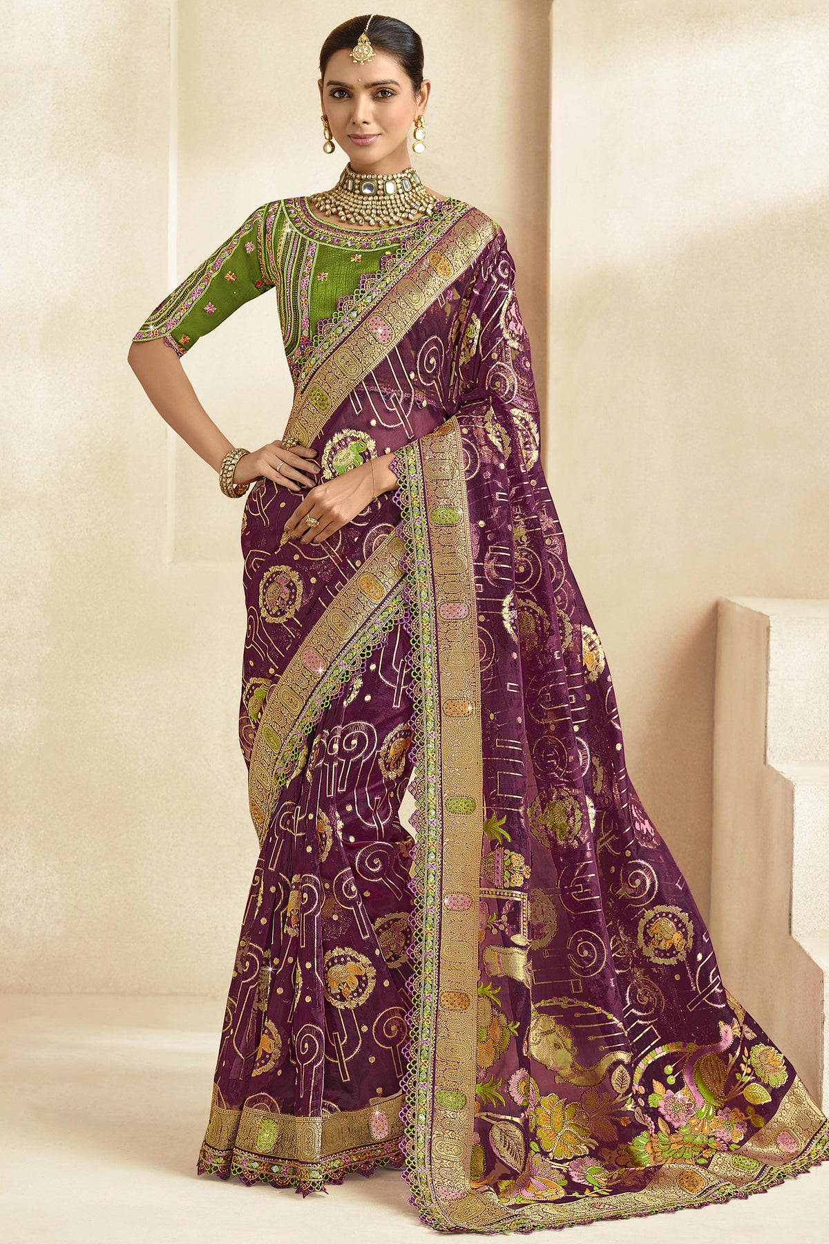 Dark Purple Silk Woven Saree with Swarovski Work