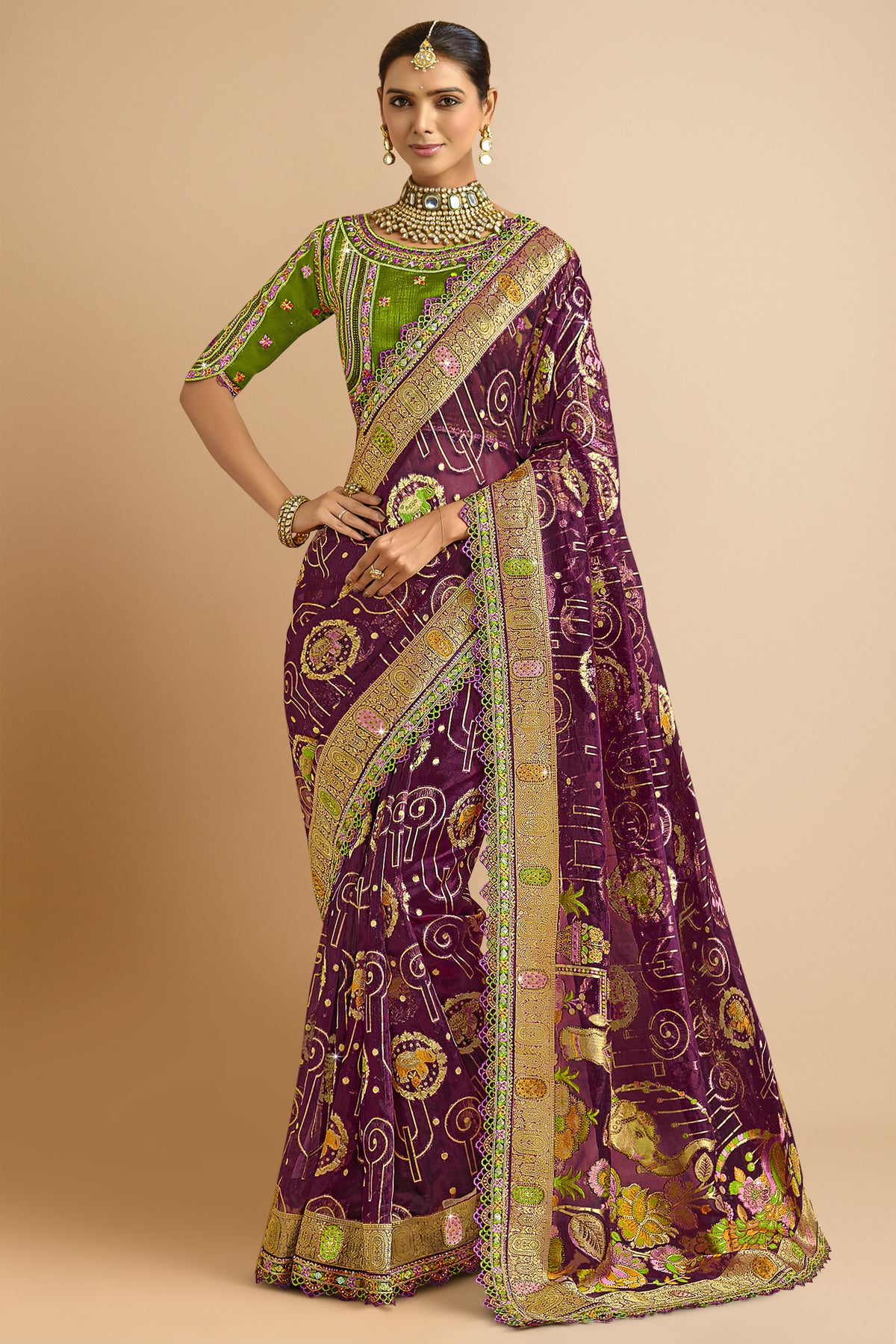 Dark Purple Silk Woven Saree with Swarovski Work