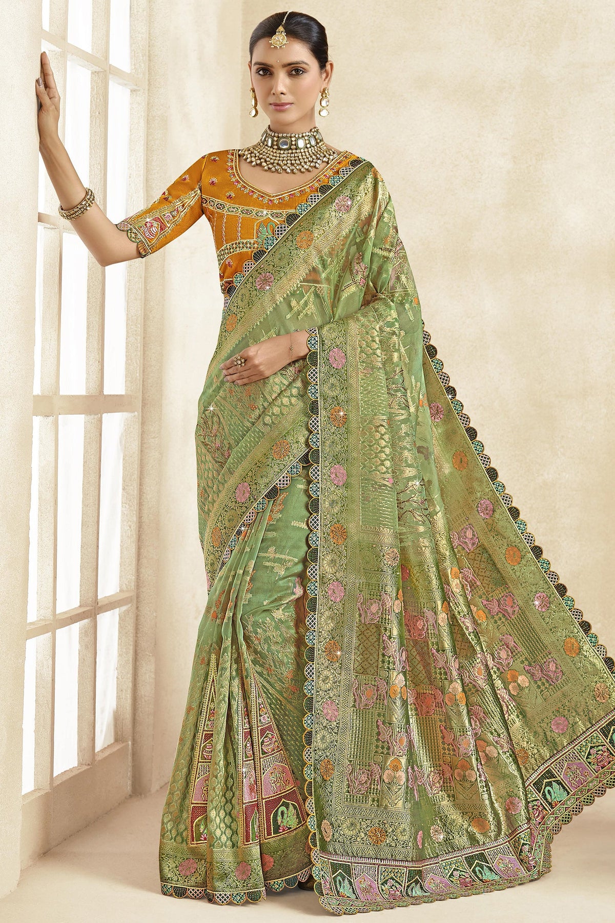 Moss Green Silk Woven Saree with Swarovski Work