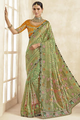 Moss Green Silk Woven Saree with Swarovski Work
