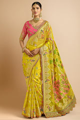 Yellow Silk Zari Woven Bird and Animal Motif Saree