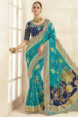 Turquoise Blue Silk Woven Saree with Swarovski Work