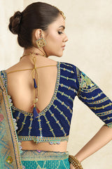 Turquoise Blue Silk Woven Saree with Swarovski Work